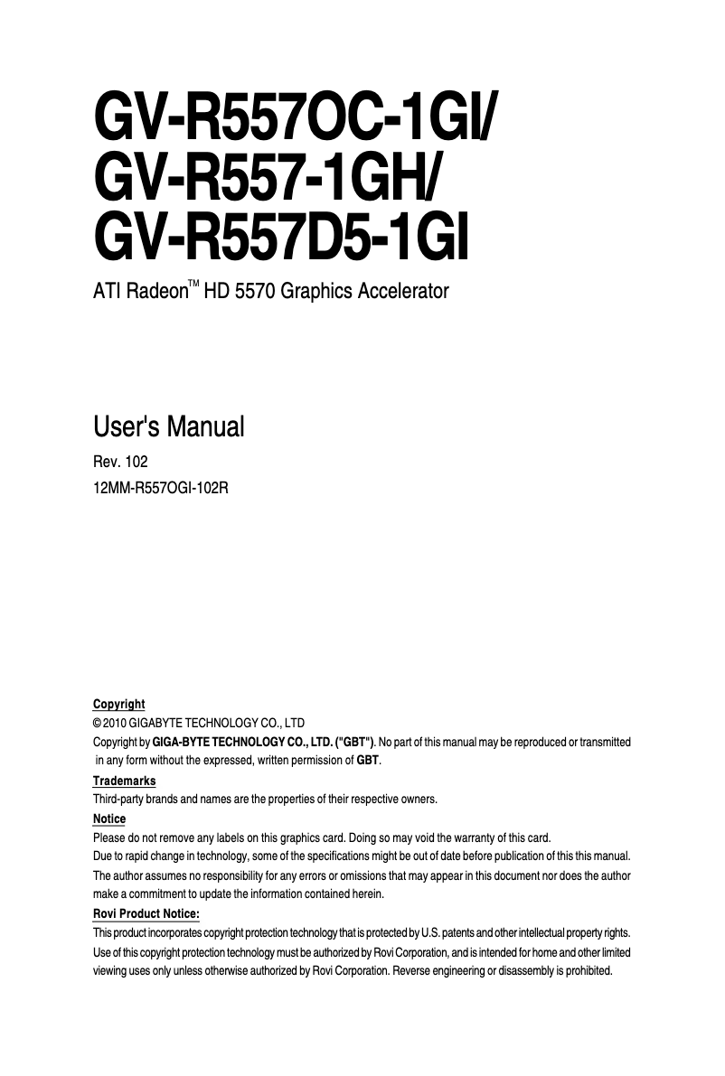 Page 1 de la notice Manuel utilisateur Gigabyte Radeon HD 5550