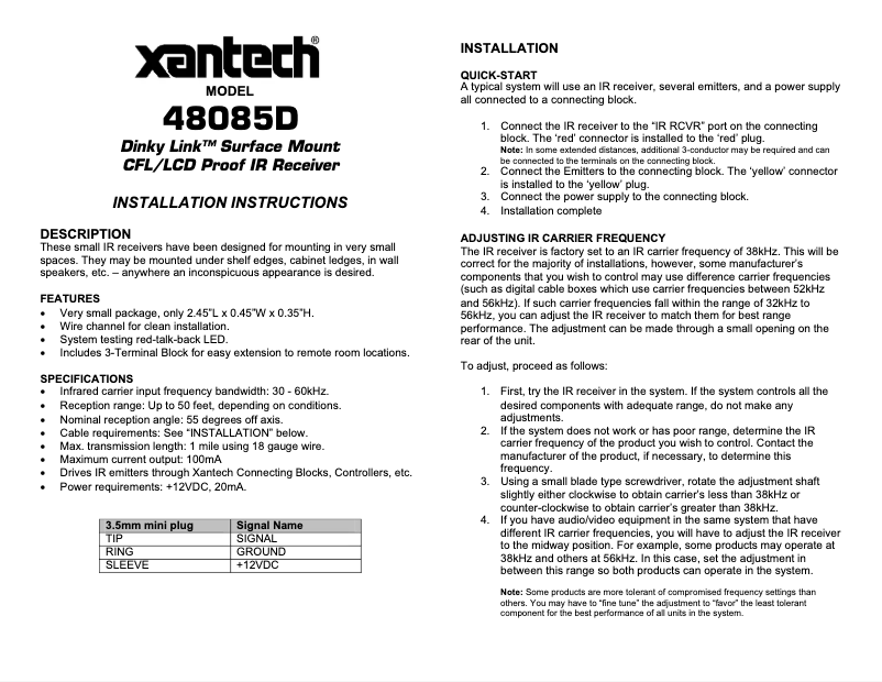 Page n°1 - Manuel utilisateur Xantech Dinky Link 48085DB