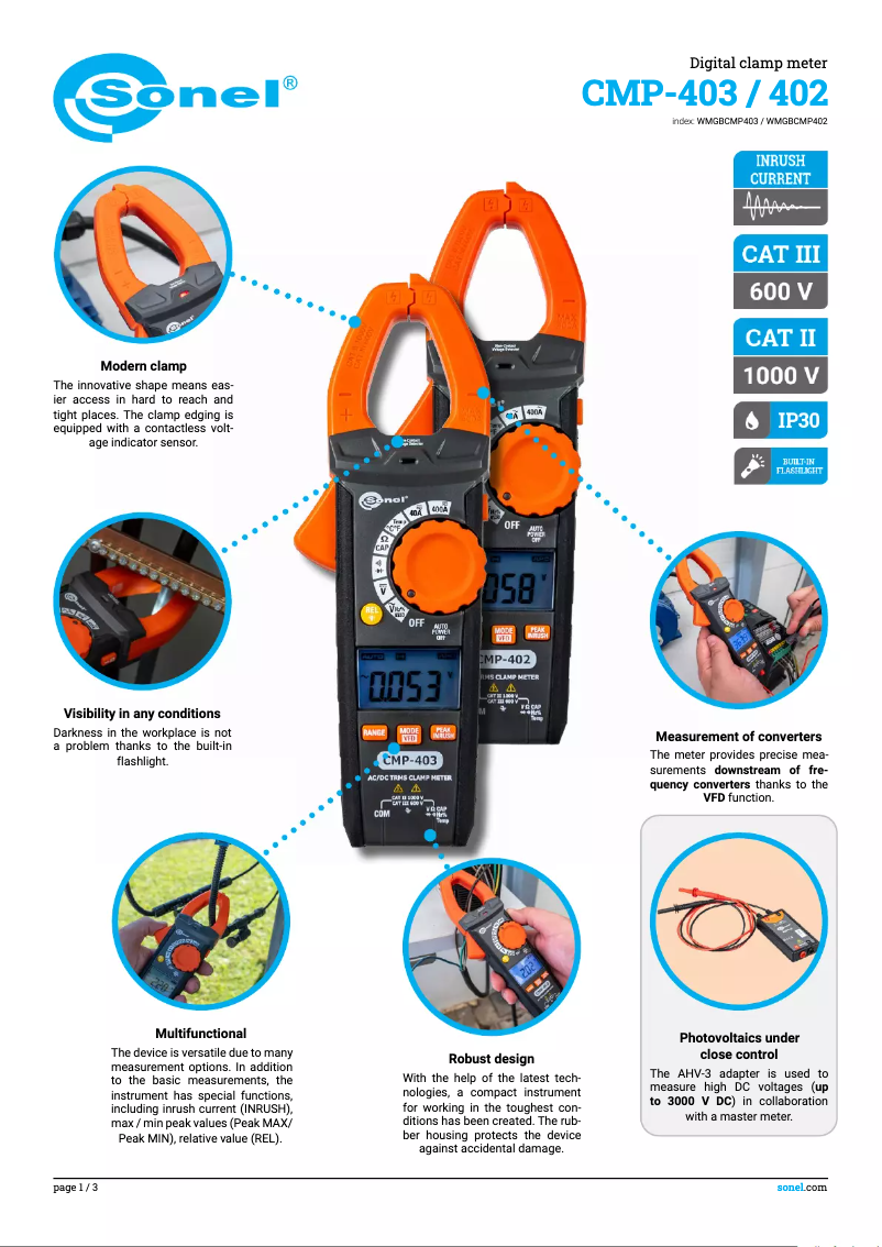 Page 1 de la notice Fiche technique Sonel CMP-402