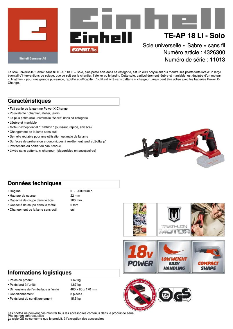Page 1 de la notice Fiche technique Einhell TE-AP 18 Li