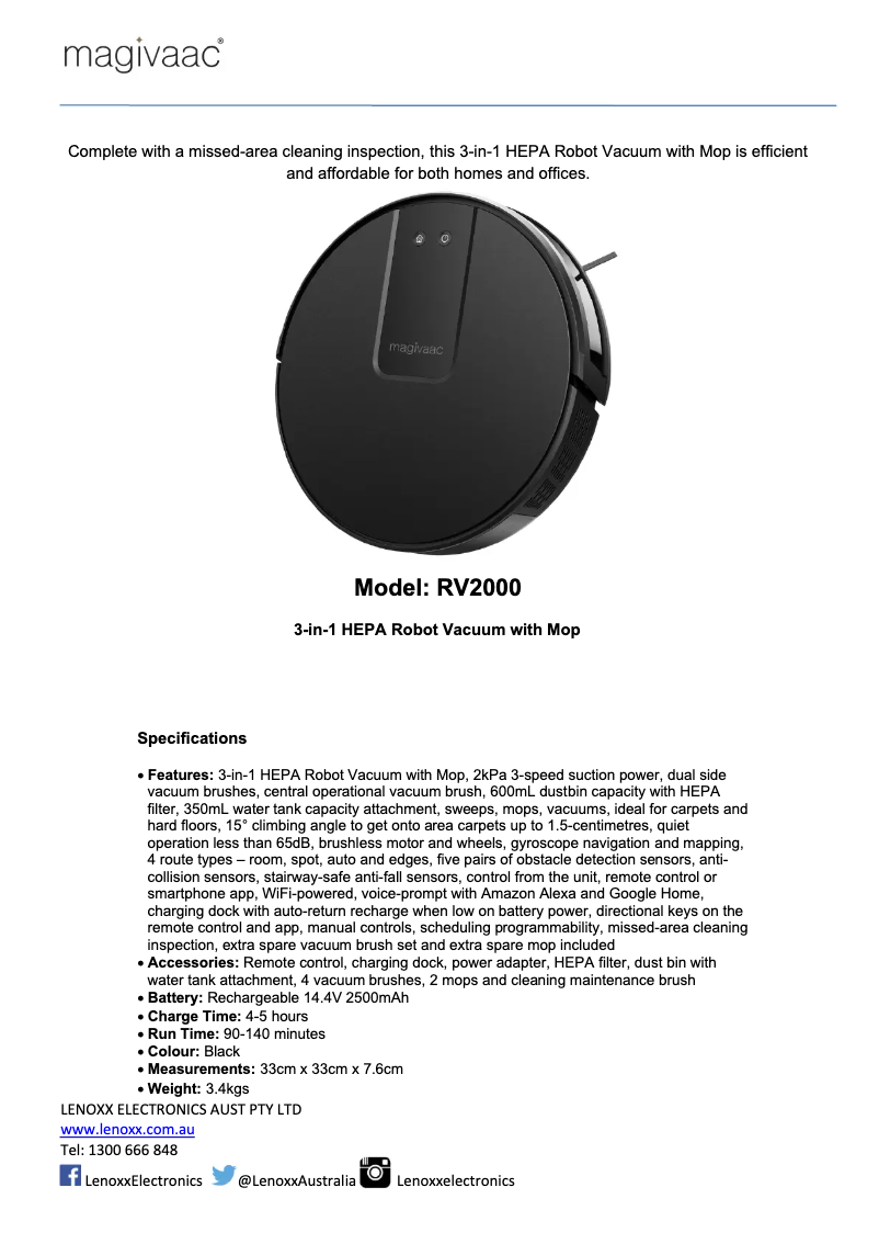 Page 1 de la notice Manuel utilisateur Magivaac RV2000