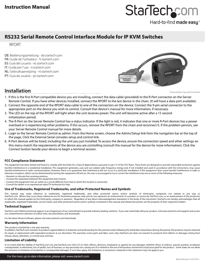 Imagen de la primera página del manual del dispositivo RPORT