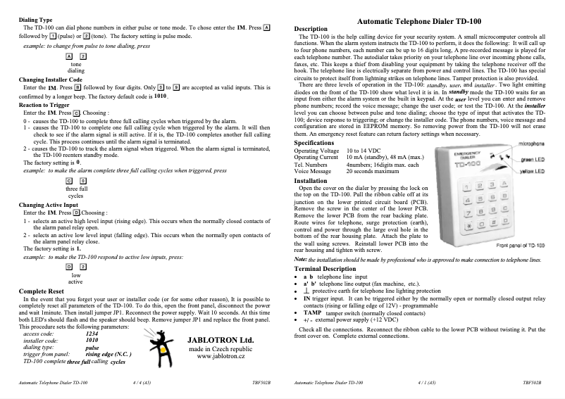 Image de la première page du manuel de l'appareil TD-100