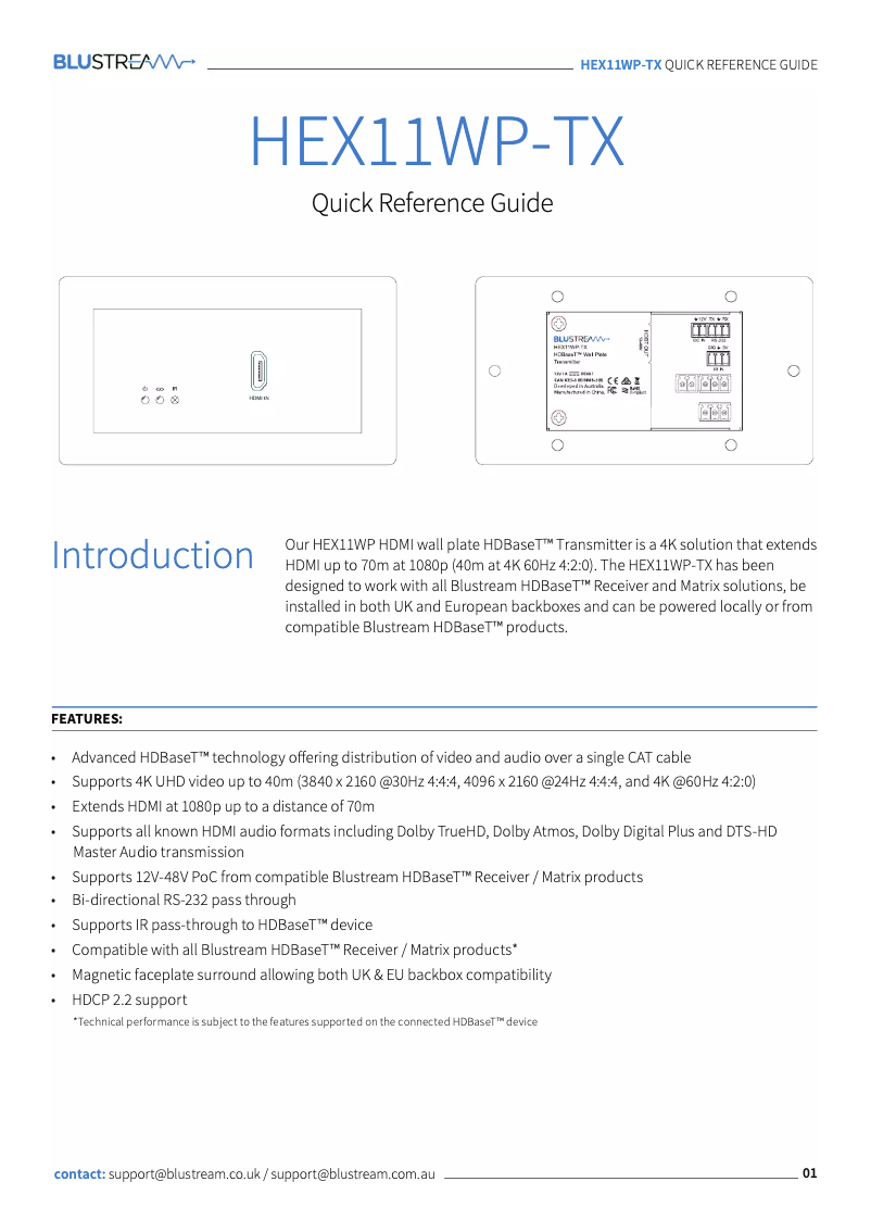 Page n°1 - Manuel utilisateur Blustream HEX11WP-TX