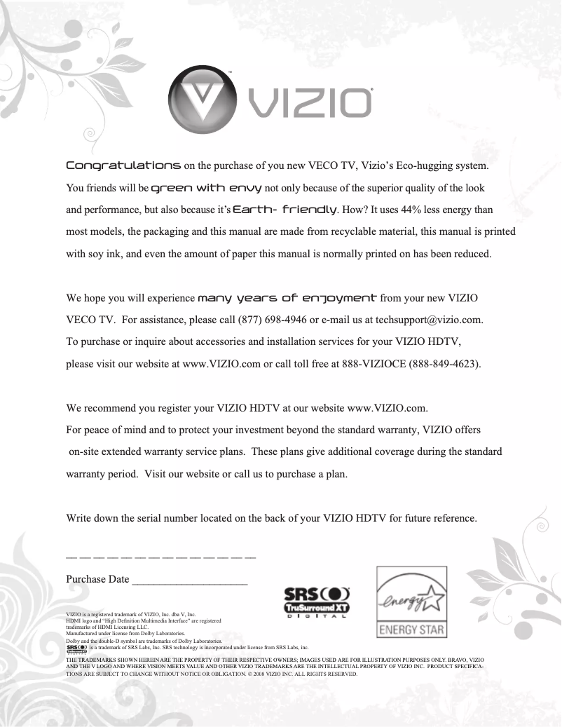 Page 1 de la notice Manuel utilisateur VIZIO Veco320L1A
