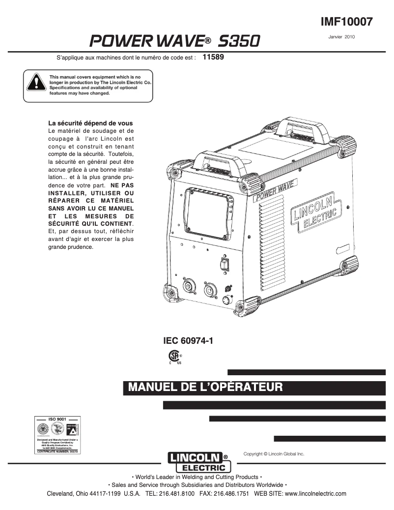 Página 1 del manual Manual de usuario Lincoln Electric Invertec Power Wave 350