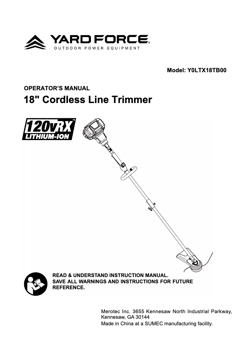Page 1 de la notice Manuel utilisateur Yard Force Y0LTX18TB00
