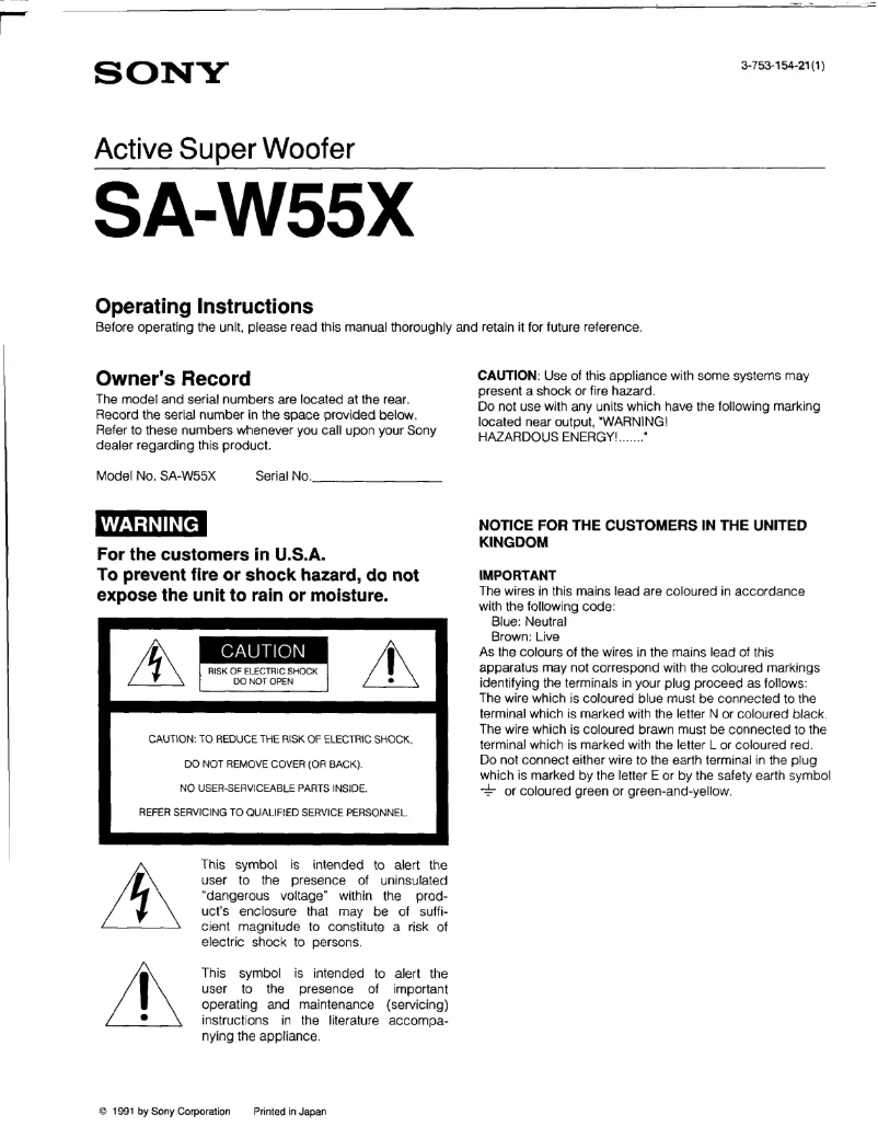 Page 1 de la notice Manuel utilisateur Sony SA-W55X