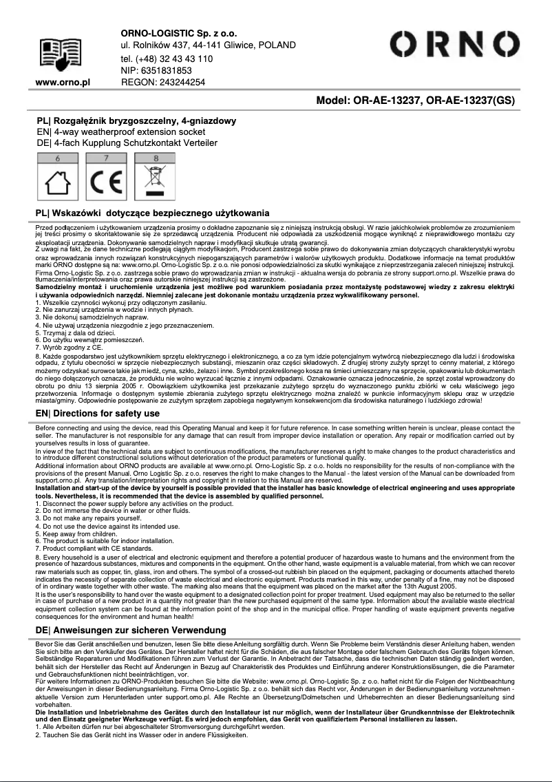 Page 1 de la notice Manuel utilisateur ORNO OR-AE-13237