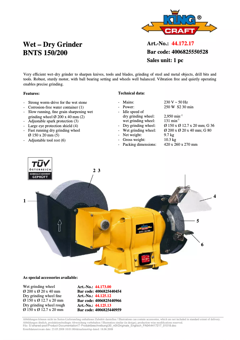 Page 1 de la notice Fiche technique King Craft BNTS 150/200