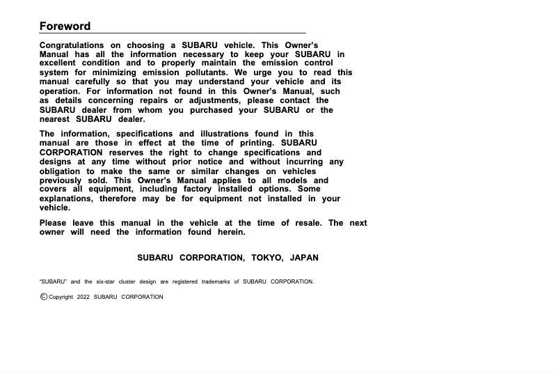 Page 1 de la notice Manuel utilisateur Subaru Outback Premium (2023)