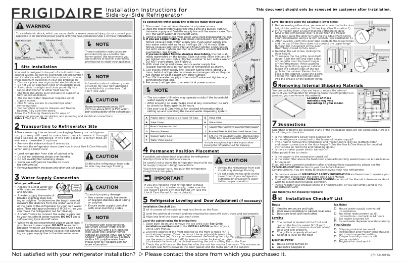 Page n°1 - Guide d'installation Frigidaire PRSC2222AF