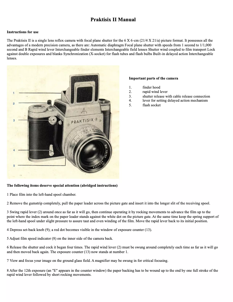 Page n°1 - Manuel utilisateur Pentacon Praktisix II