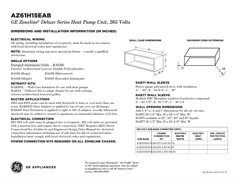 Page n°1 - Fiche technique GE AZ61H15EAB Zoneline
