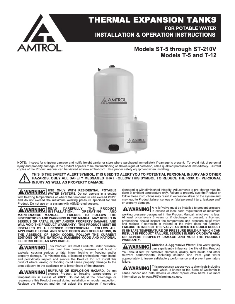 Page n°1 - Manuel utilisateur Amtrol Therm-X-Trol ST-200V