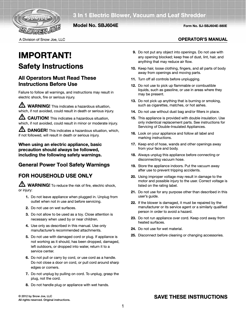 Image de la première page du manuel de l'appareil Blower Joe SBJ604E