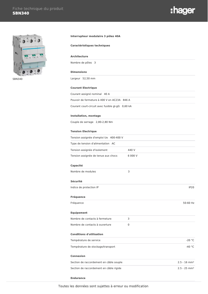 Page n°1 - Fiche technique Hager SBN340