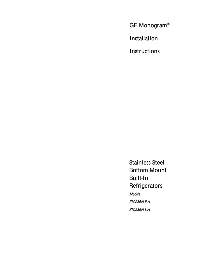 Page 1 de la notice Guide d'installation GE ZICS36NARH