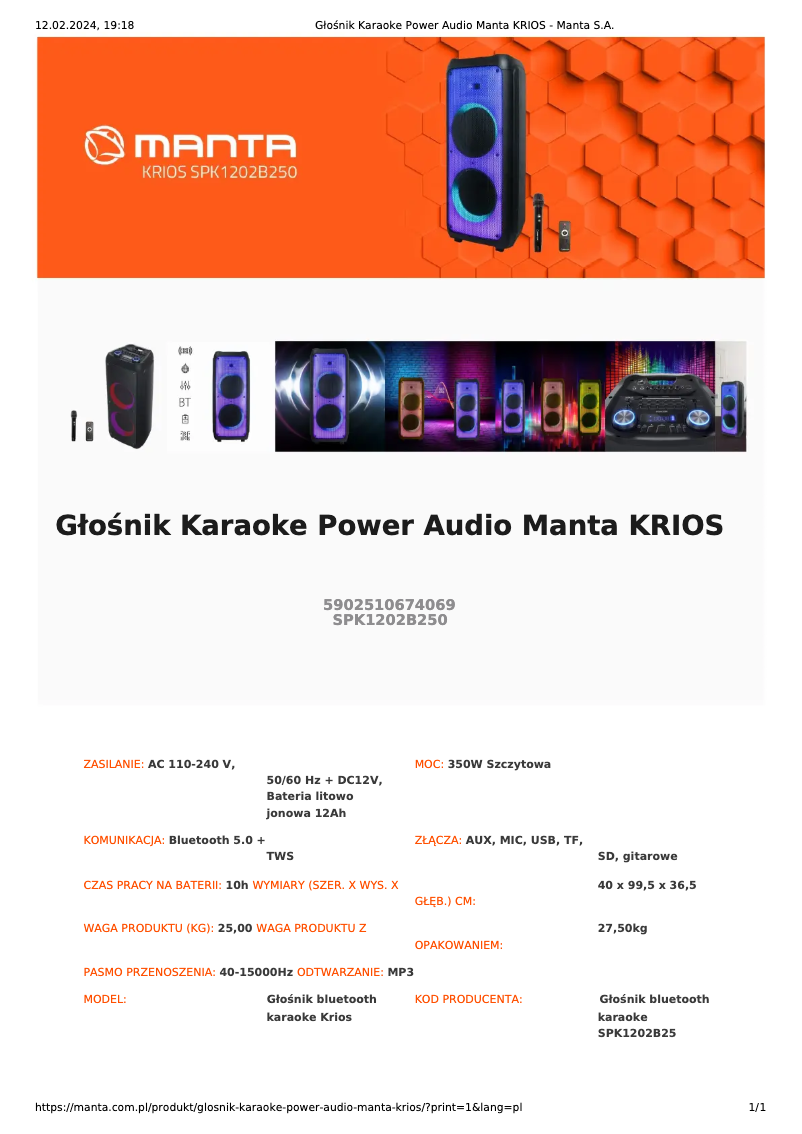 Page 1 de la notice Manuel utilisateur Manta KRIOS SPK1202B250