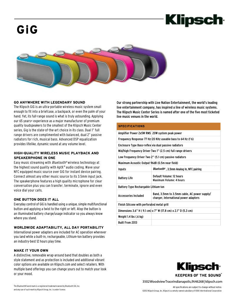 Page 1 de la notice Fiche technique Klipsch GiG