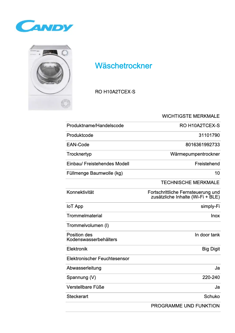 Page 1 de la notice Fiche technique Candy RO H10A2TCEX-S