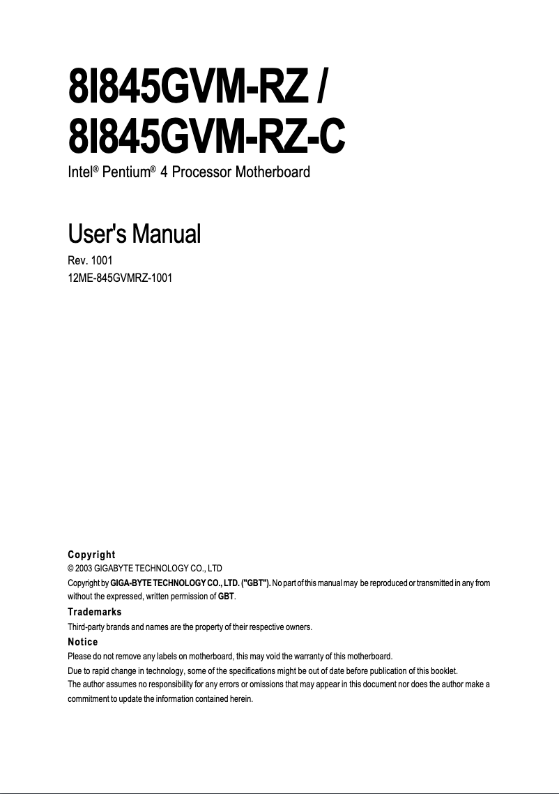 Image de la première page du manuel de l'appareil 8I845GVM-RZC