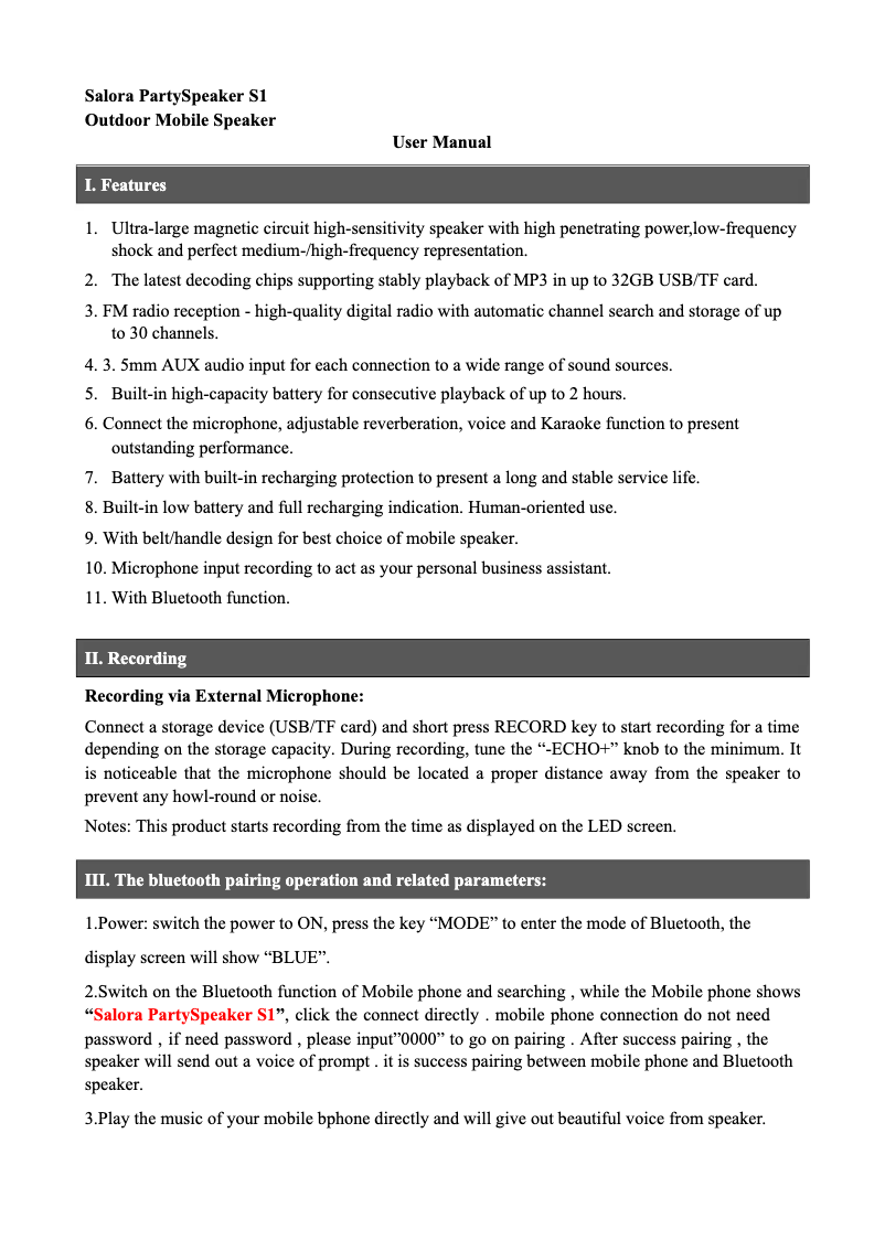 Page 1 of the manual User Manual Salora PartySpeaker S1