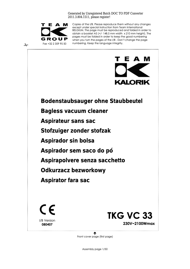 Image de la première page du manuel de l'appareil TKG VC 33