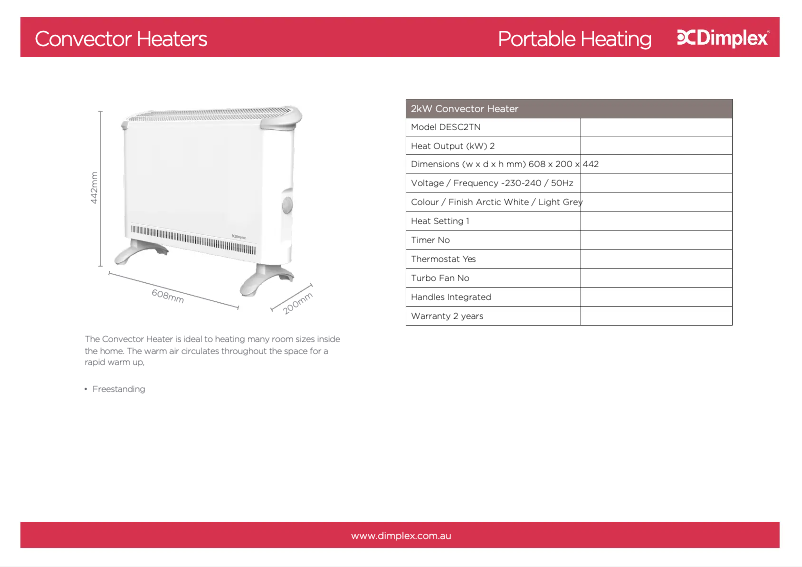 Page 1 de la notice Fiche technique Dimplex DESC2TN