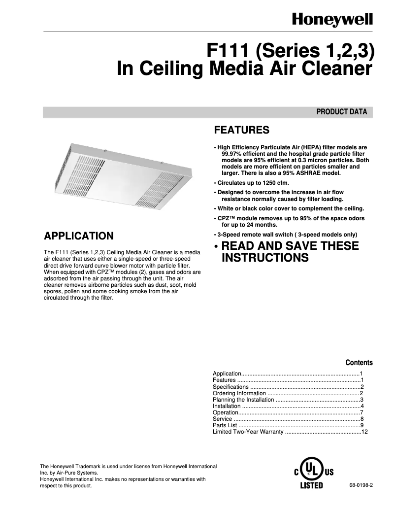 Page n°1 - Mode d'emploi Honeywell F111A1063W-3S