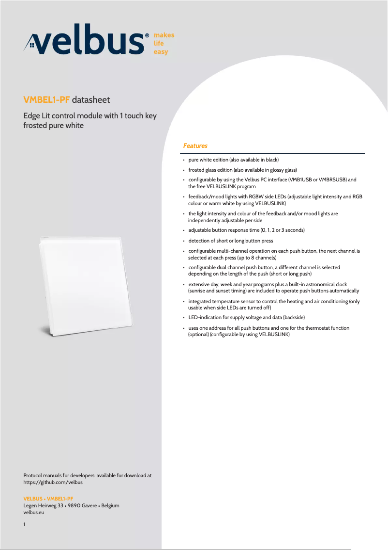 Page 1 de la notice Fiche technique Velbus VMBEL1