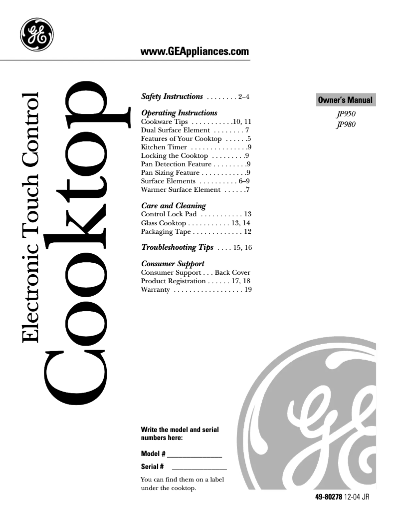 Page 1 de la notice Mode d'emploi GE JP950WKWW