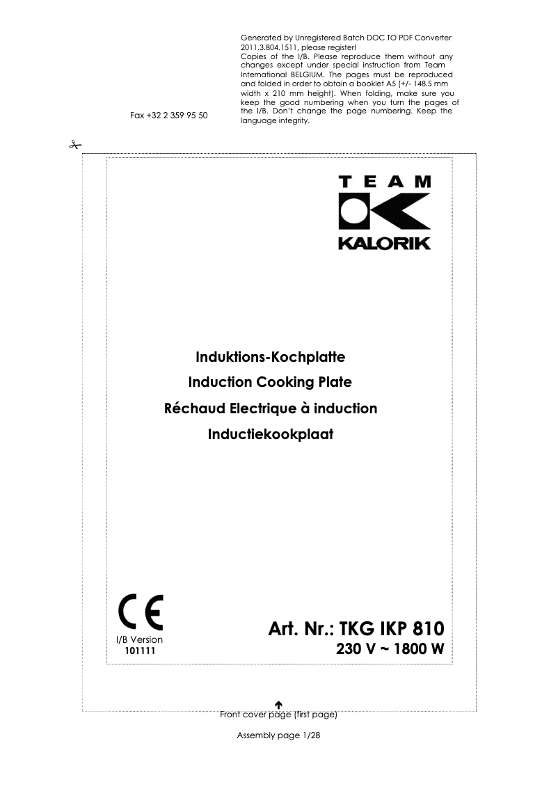 Page 1 de la notice Manuel utilisateur Kalorik TKG IKP 810