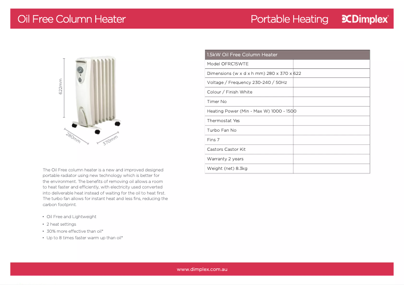Page 1 de la notice Fiche technique Dimplex OFRC15WTE