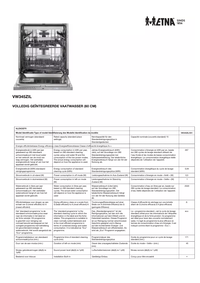 Page 1 de la notice Fiche technique Etna VW345ZIL