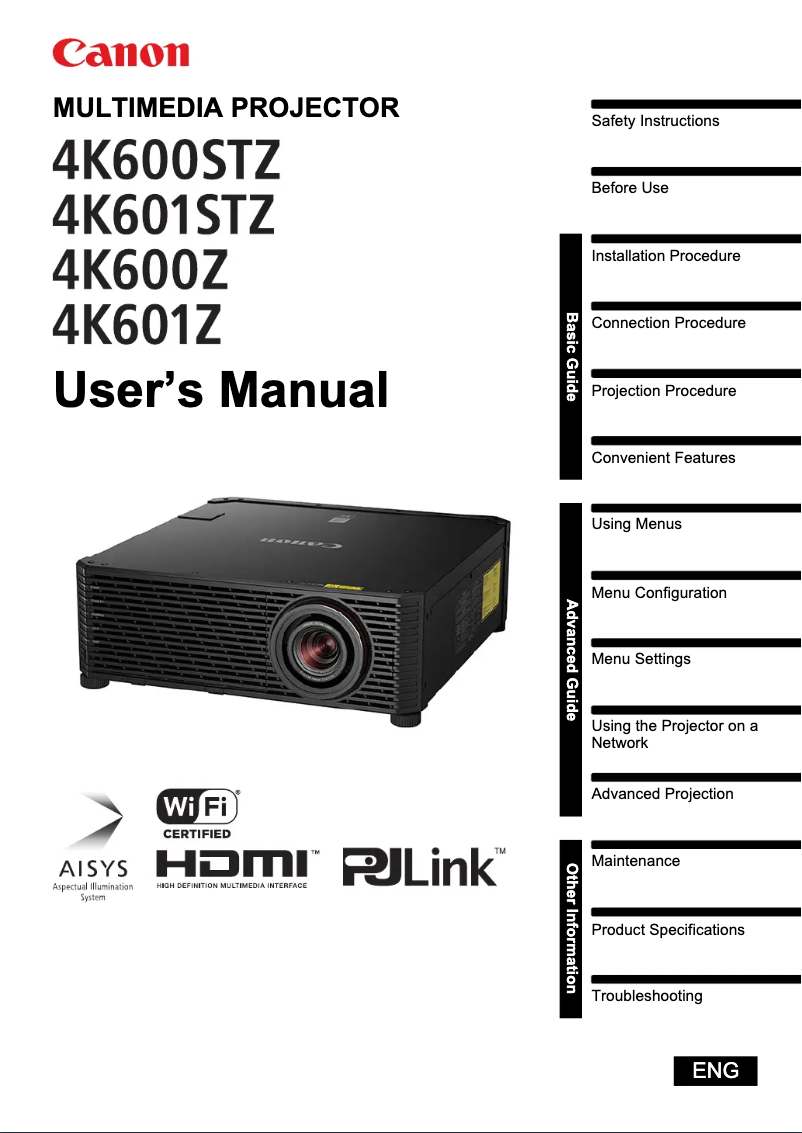 Page 1 de la notice Manuel utilisateur Canon REALiS 4K600Z