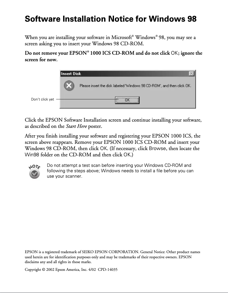 Page n°1 - Guide d'installation Epson 1000 ICS