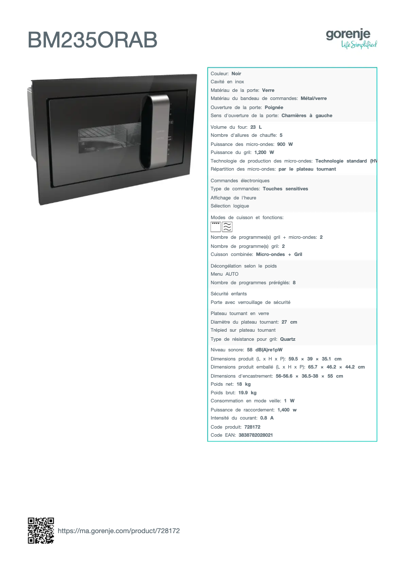 Page 1 de la notice Fiche technique Gorenje BM235ORAB