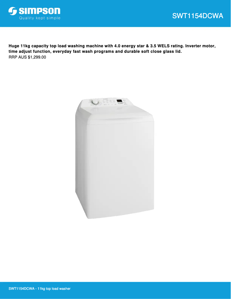 Page 1 de la notice Fiche technique Simpson SWT1154DCWA