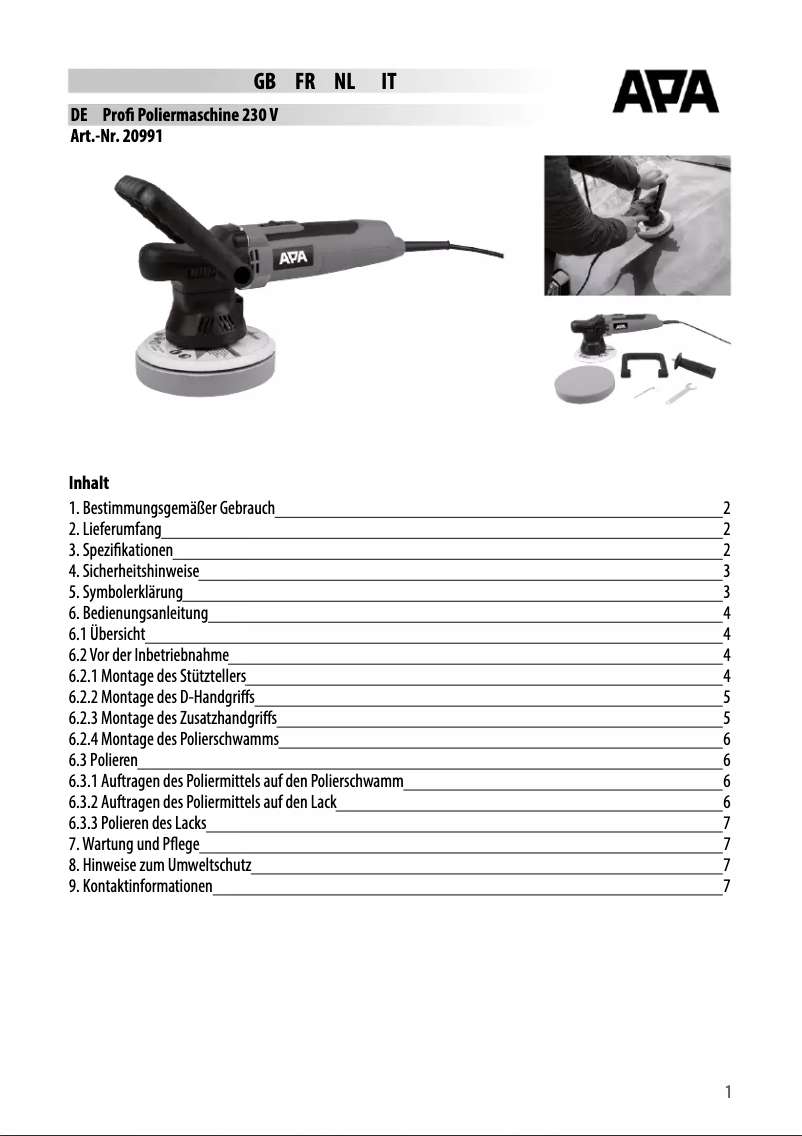 Page 1 de la notice Manuel utilisateur APA Profi 150 20991