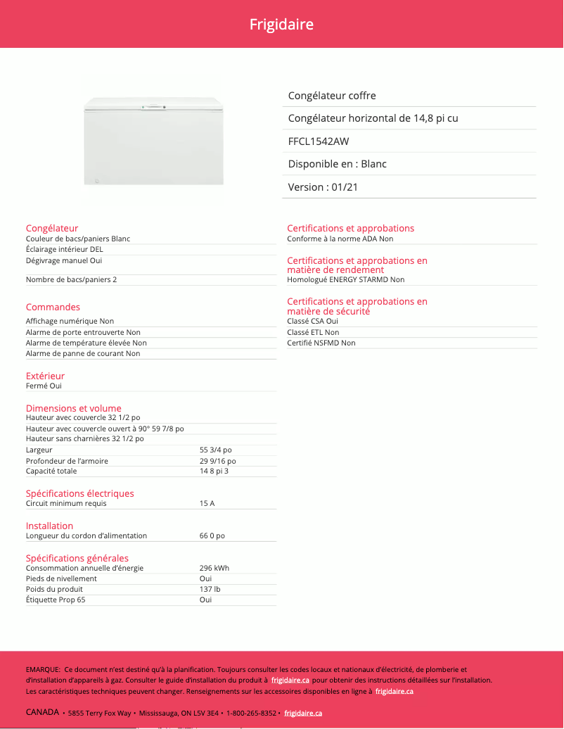 Image de la première page du manuel de l'appareil FFCL1542AW