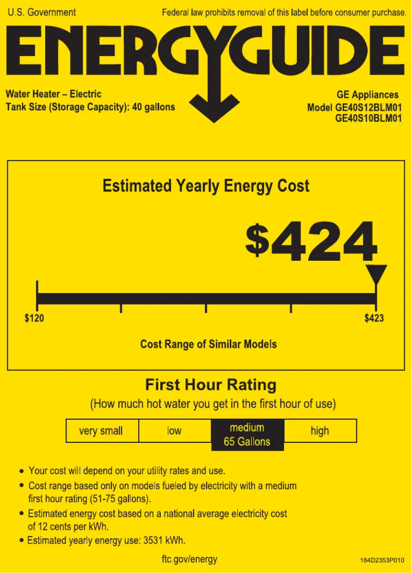 Page 1 de la notice Label énergétique GE GE40S12BLM
