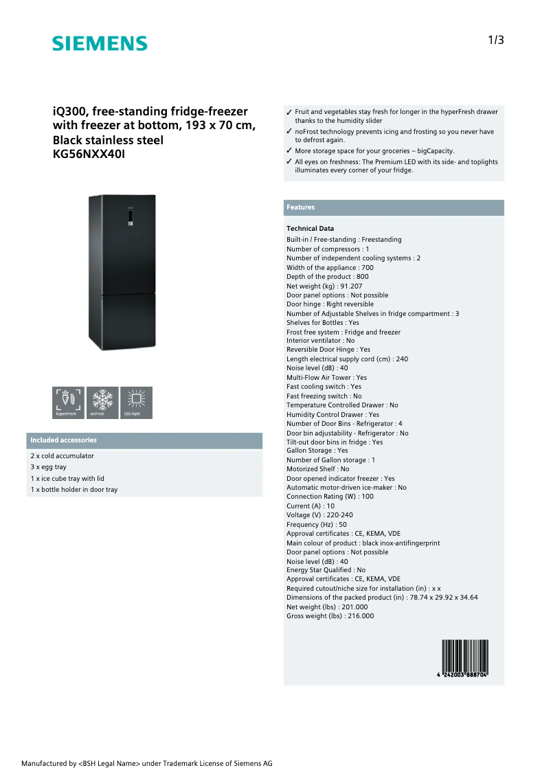 Page n°1 - Fiche technique Siemens KG56NXX40I