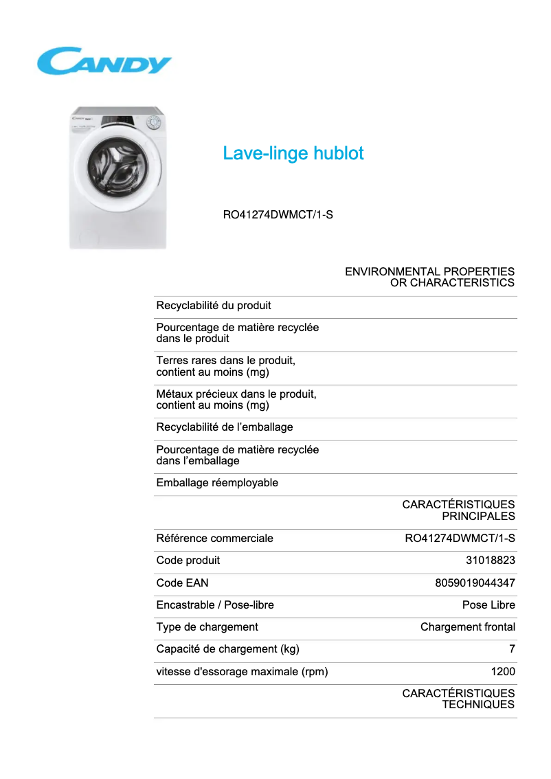 Page 1 de la notice Fiche technique Candy RO41274DWMCT/1-S