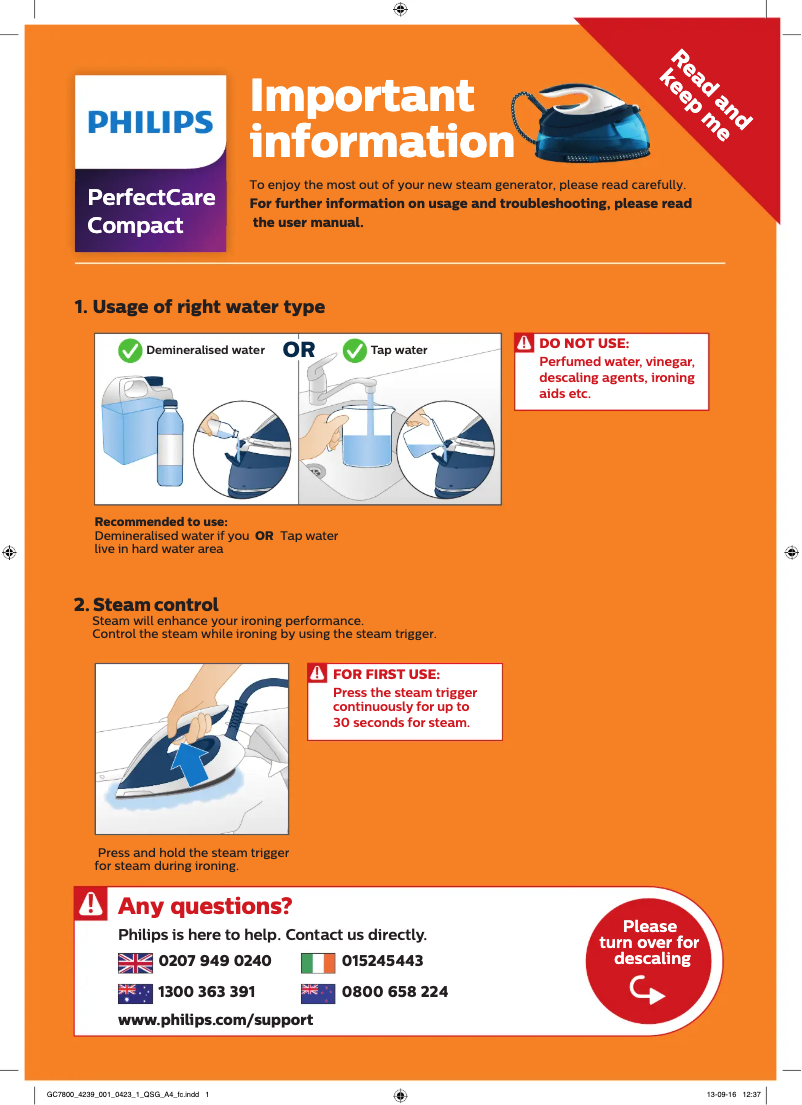 Page n°1 - Guide de démarrage rapide Philips PerfectCare Compact GC7803