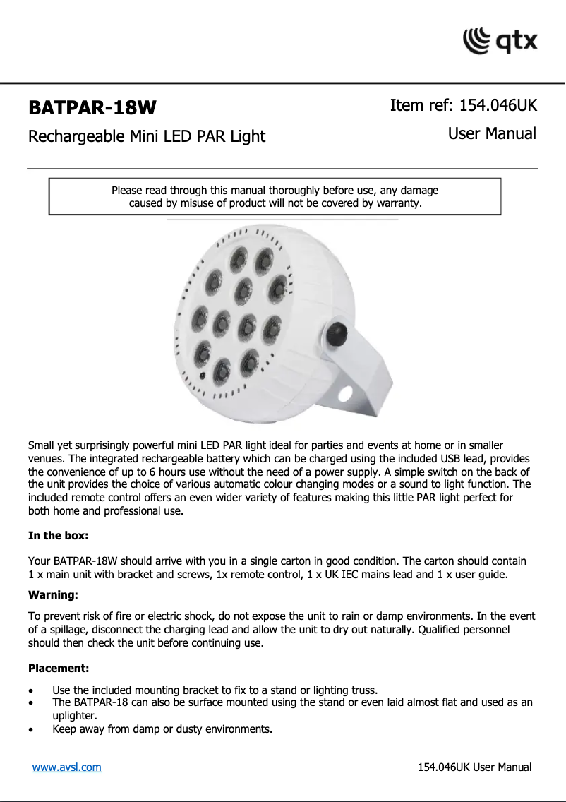 Page 1 de la notice Manuel utilisateur Qtx BATPAR-18W