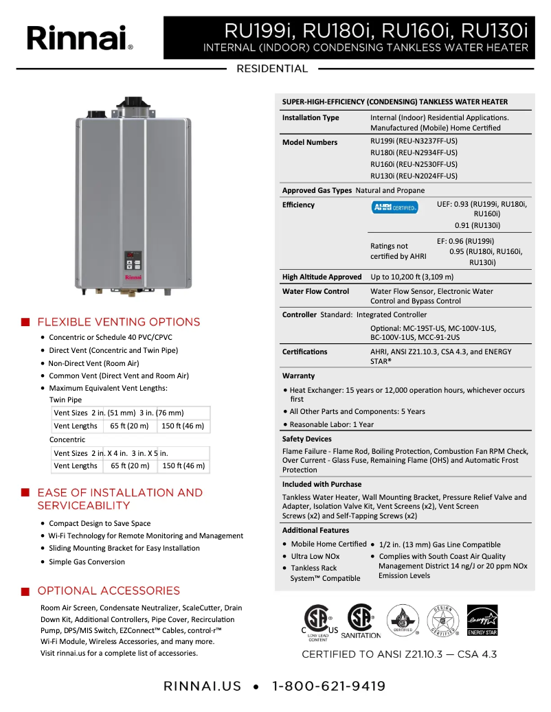 Page n°1 - Fiche technique Rinnai RU160iP