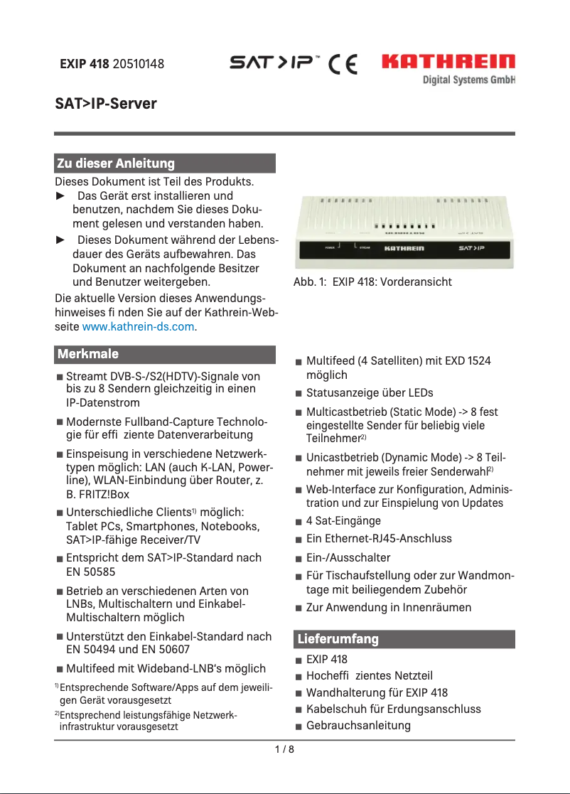 Page 1 de la notice Fiche technique Kathrein EXIP 418