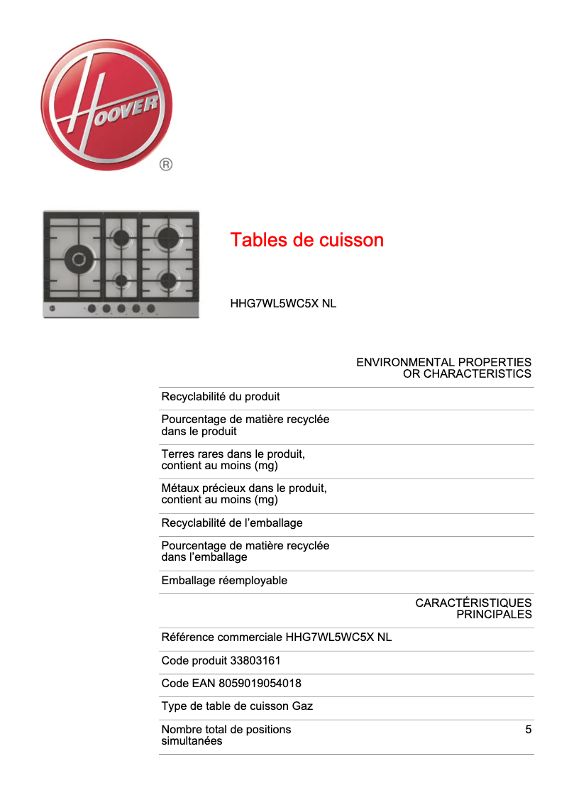 Page 1 de la notice Fiche technique Hoover HHG7WL5WC5X