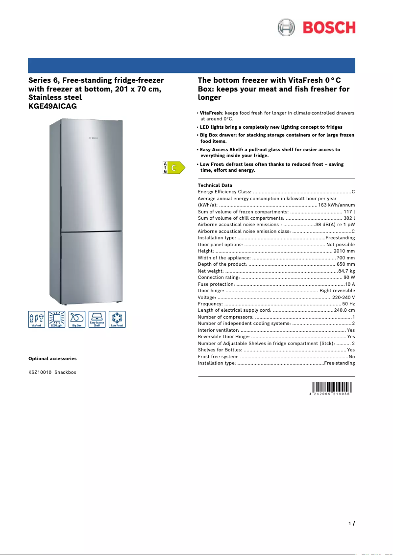 Page 1 de la notice Fiche technique Bosch KGE49AICAG